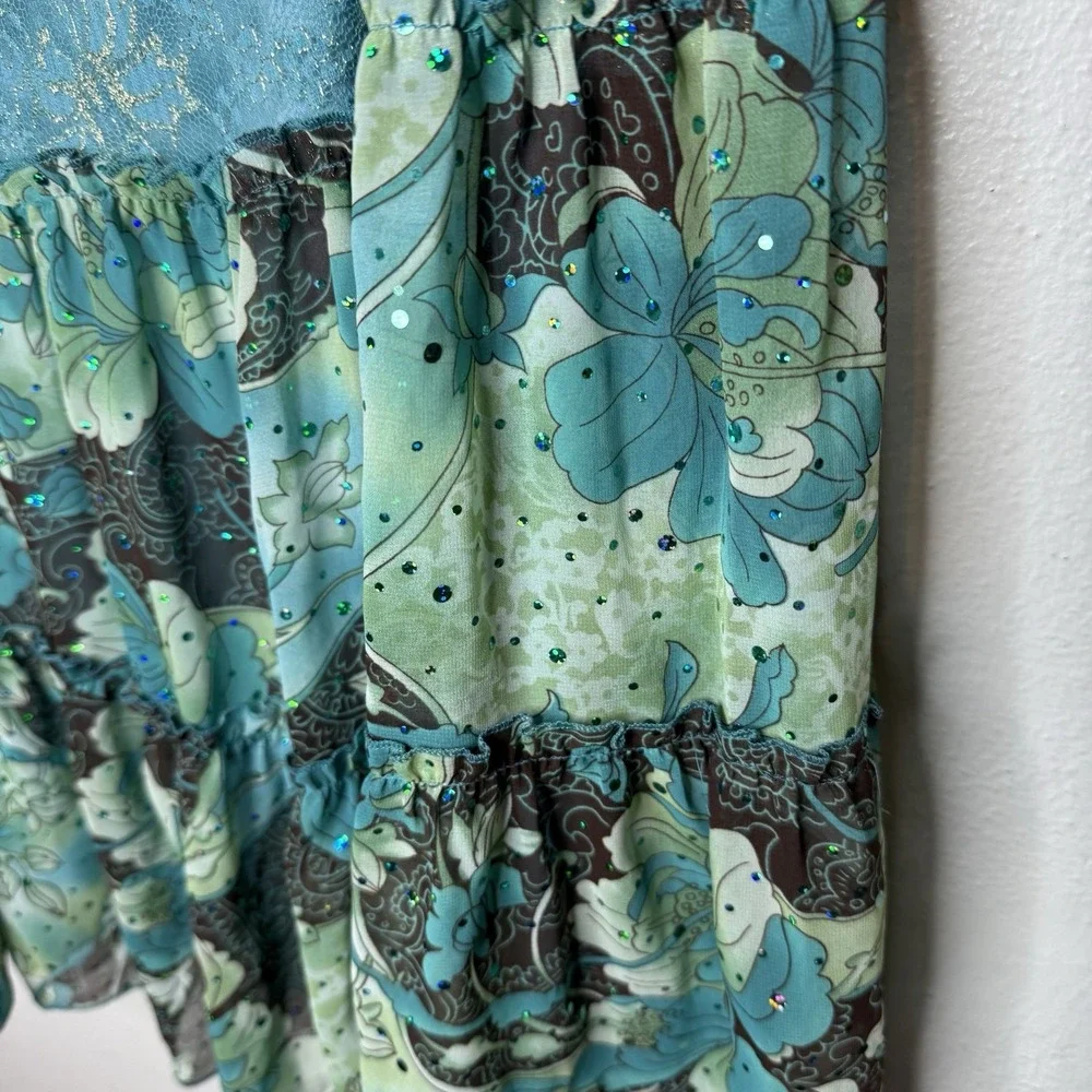 Rampage Y2K Silk Blend Aqua Blue Tiered Ruffle Skirt Size 5‎ Broomstick Boho
